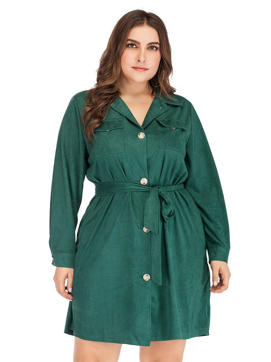 Suede Belt Lapel Shirt Dress