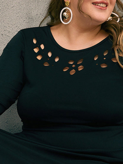 Lace Hollow Out Solid Patchwork Round Neck Dress