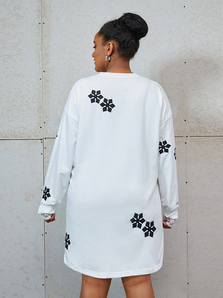 Snow Print Lace Trim Sweatshirt Dress