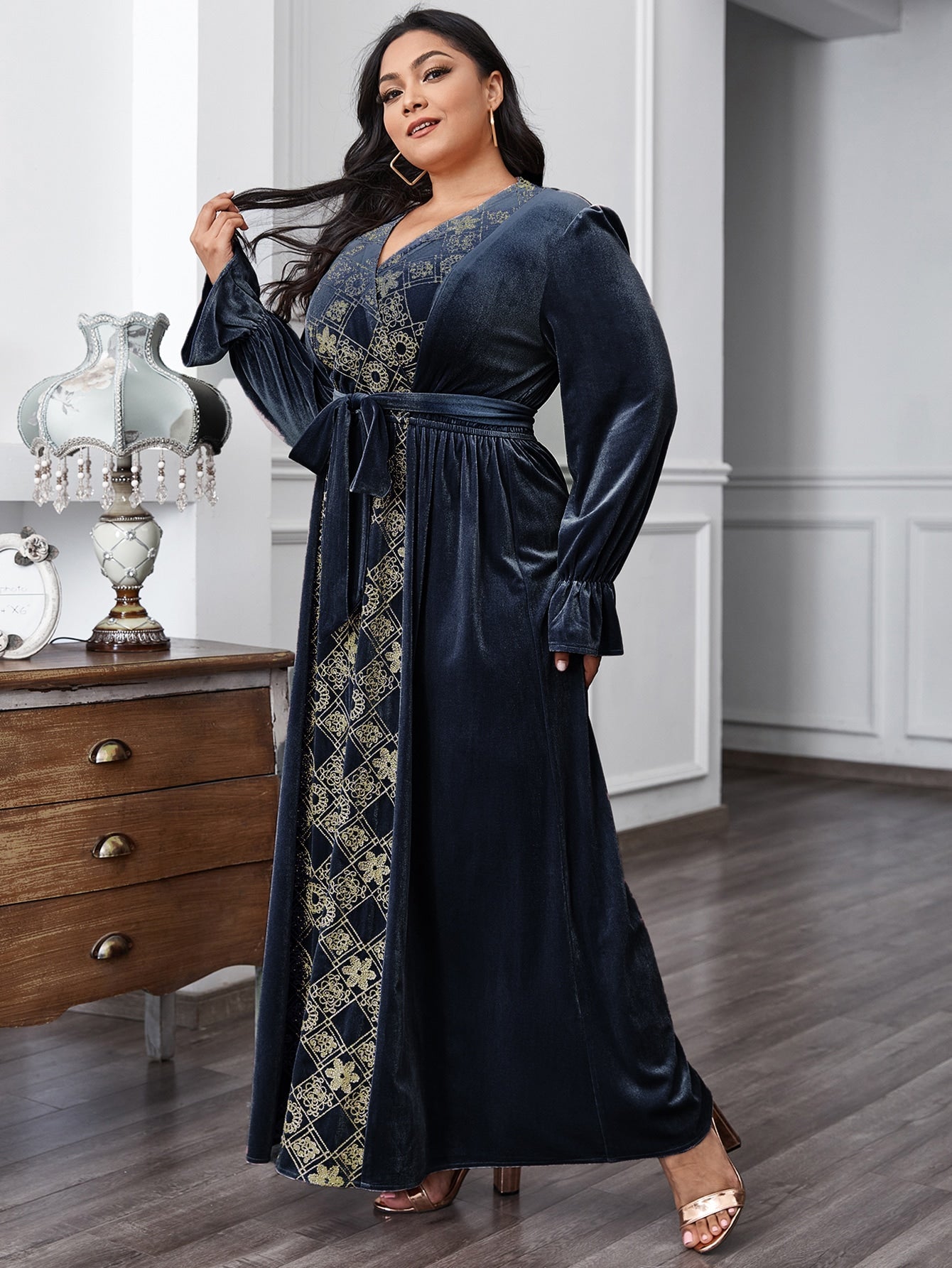 Floral & Argyle Embroidered Belt Velvet A-line Dress