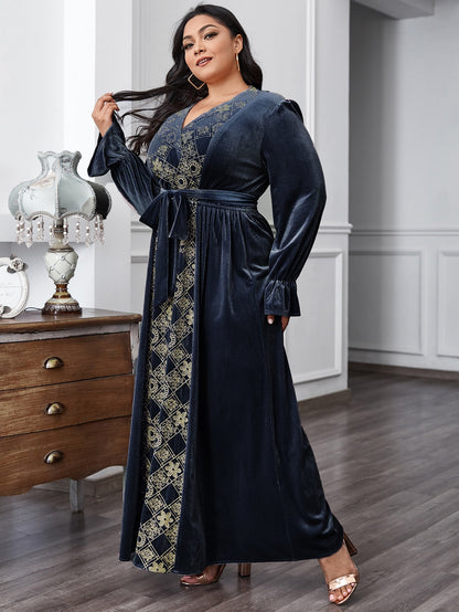 Floral & Argyle Embroidered Belt Velvet A-line Dress