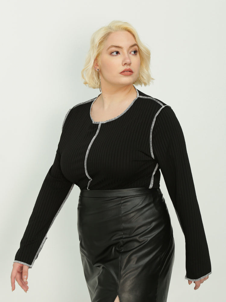 Slit Cuff Stitch Trim Top