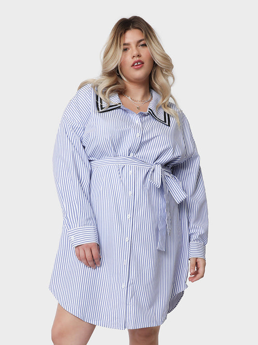 Lapel Collar Curved Hem Shirt Dress