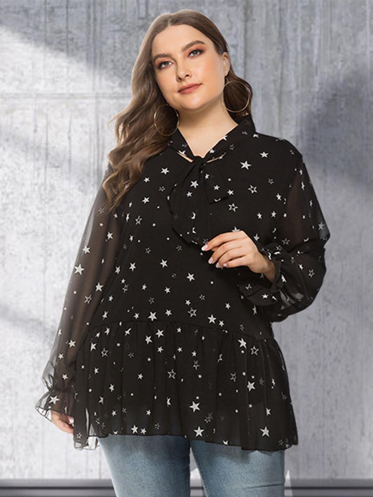Star Printed Ruffle Tie Chiffon Blouse