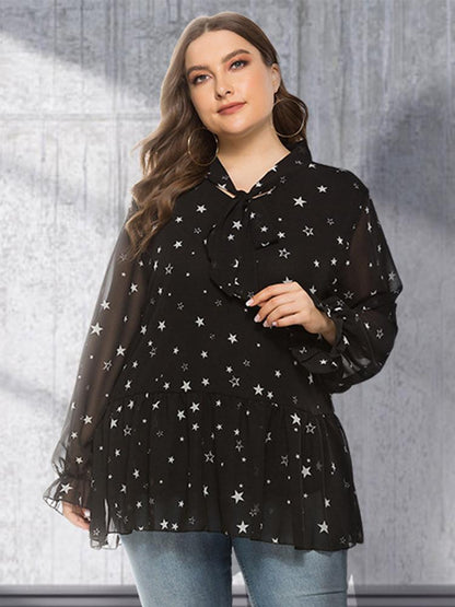 Star Printed Ruffle Tie Chiffon Blouse
