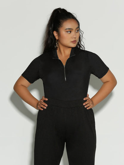 Lapel Collar Zipper Top