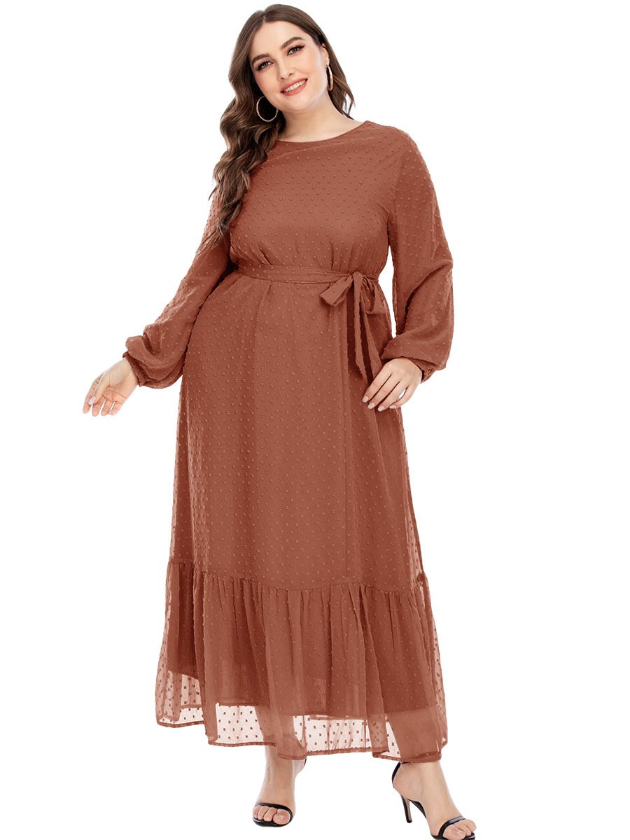 Dot Mesh Belt Round Neck Maxi Dress
