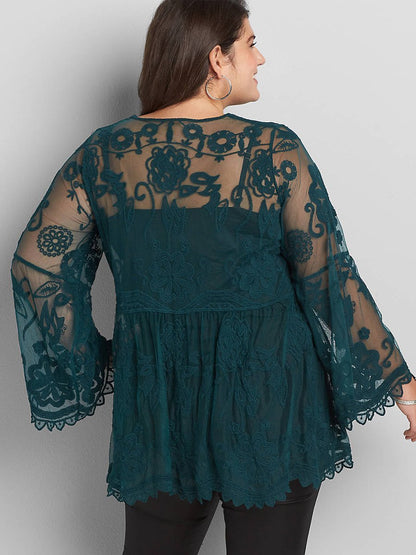 Lace Patchwork Henley Collar Blouse