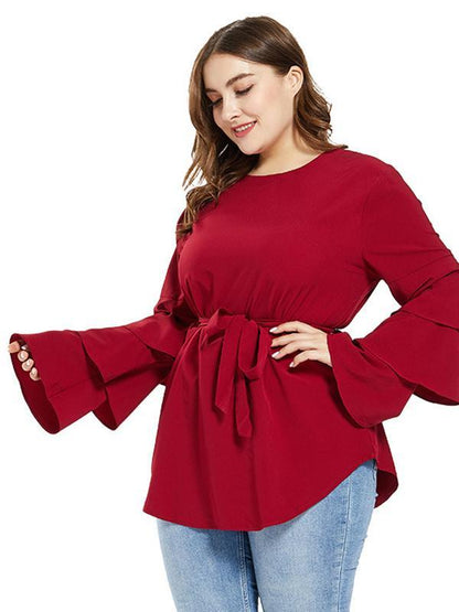 Ruffle Sleeve Belt Solid Blouse