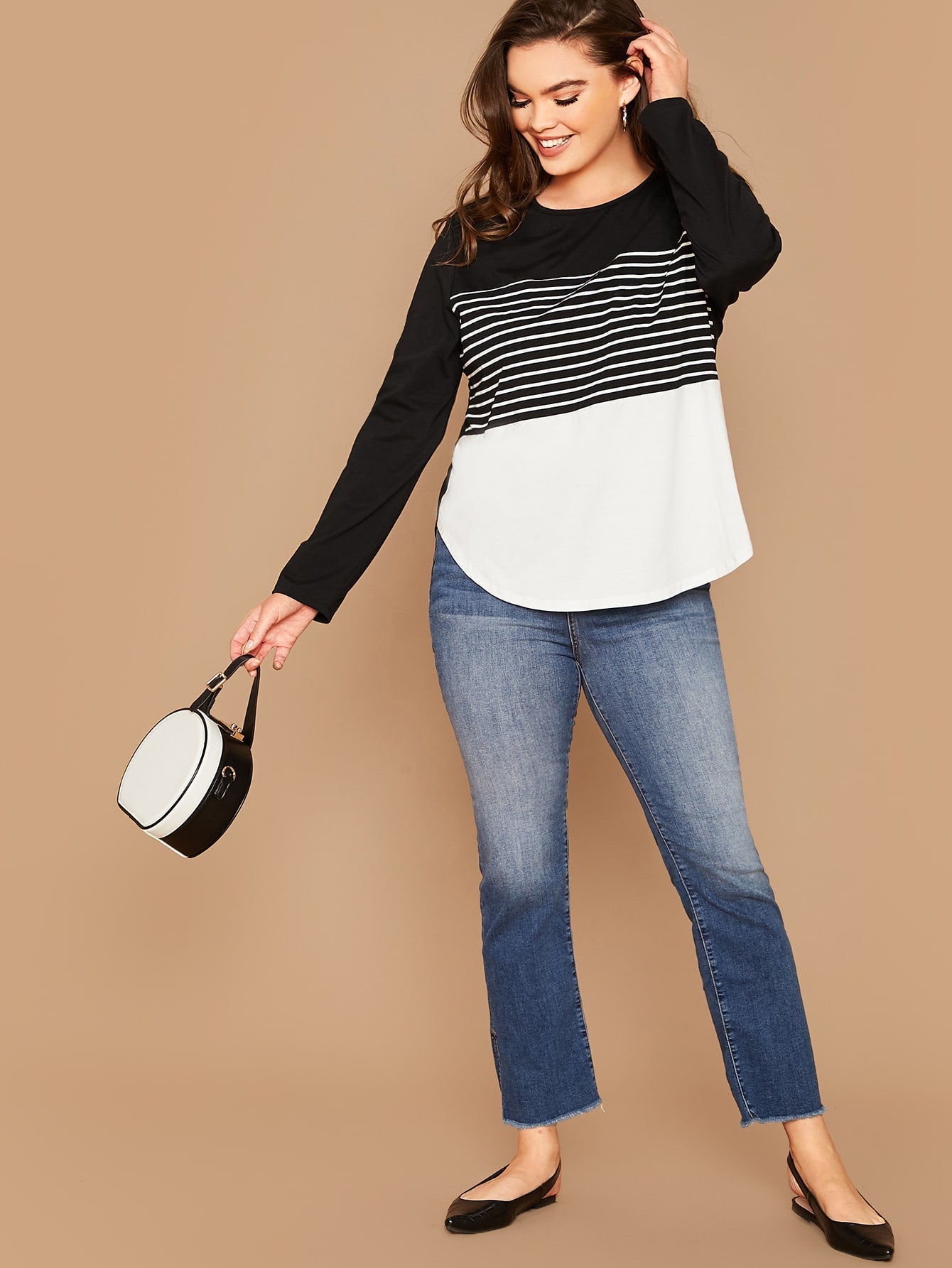 Two Tone Curved Hem Striped Tee