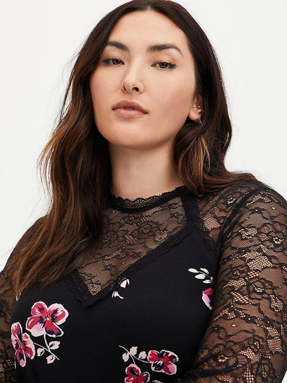 Lace Patchwork Floral Printed Blouse