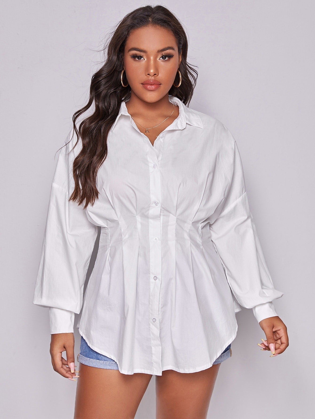 Solid Pleated Waist Button Front Blouse