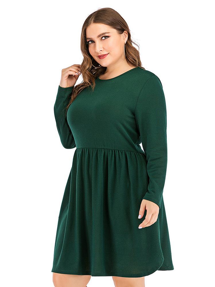 Pleated Round Neck Solid Color Dress
