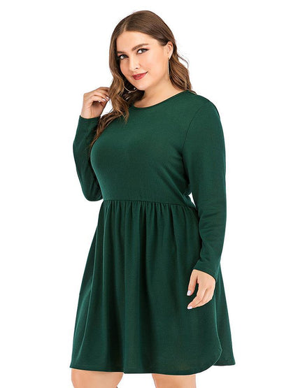 Pleated Round Neck Solid Color Dress