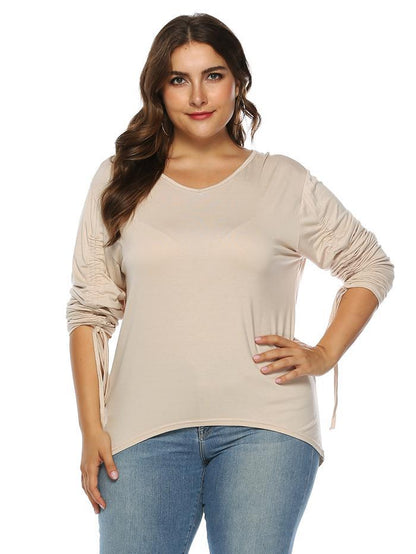 Shirring Sleeve Solid Color T-shirt