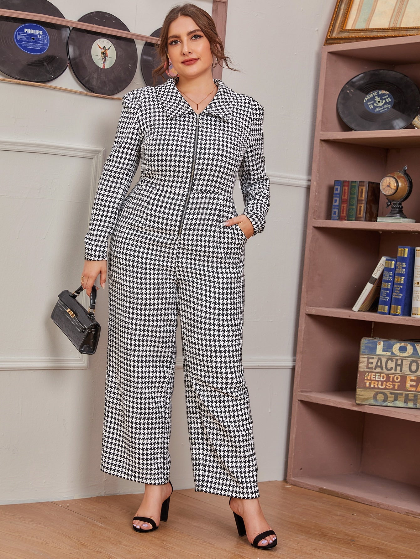 O-ring Zipper Front Houndstooth Tweed Jumpsuit