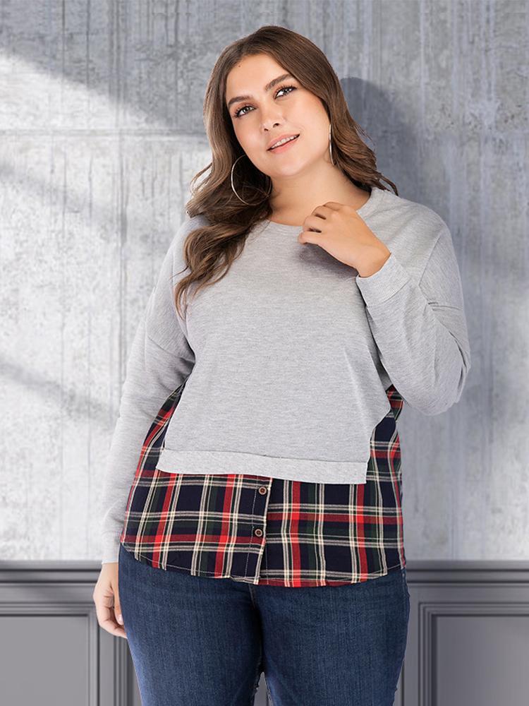 Plaid Patcwork Round Neck T-shirt