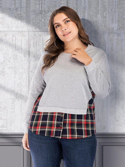 Plaid Patcwork Round Neck T-shirt