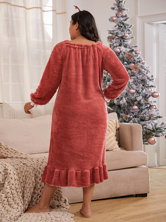 Plush Ruffled Drawstring Knot Dress