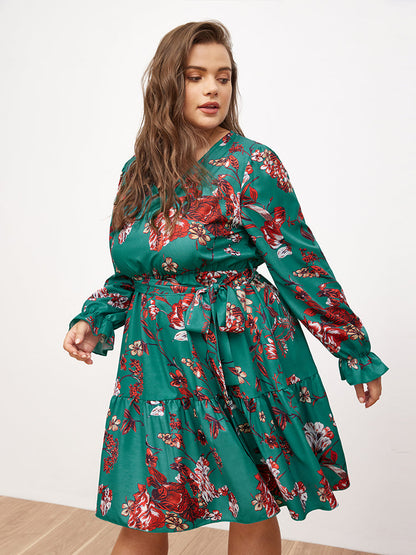 V-neck Lantern Sleeve Floral Dress
