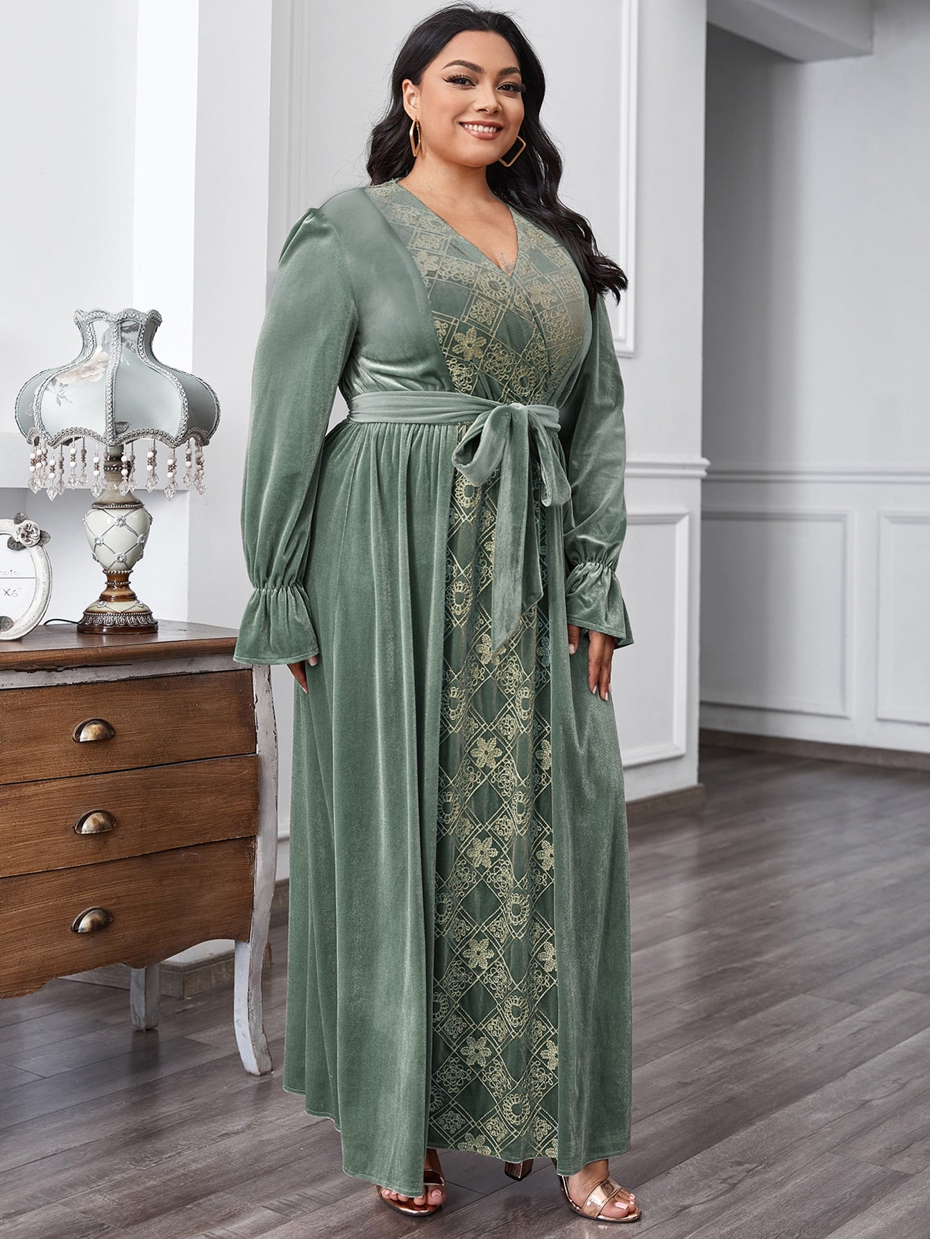 Floral & Argyle Embroidered Belt Velvet A-line Dress