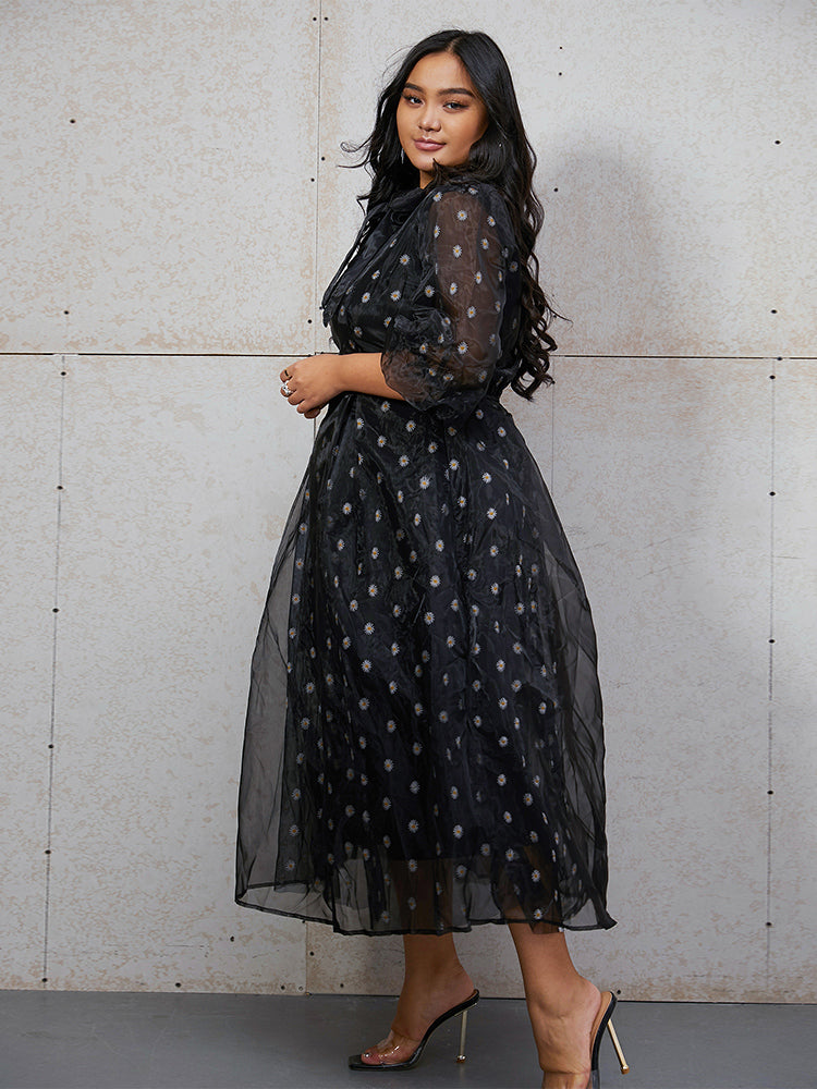 Daisy Embroidered Mesh Tie Neck Dress