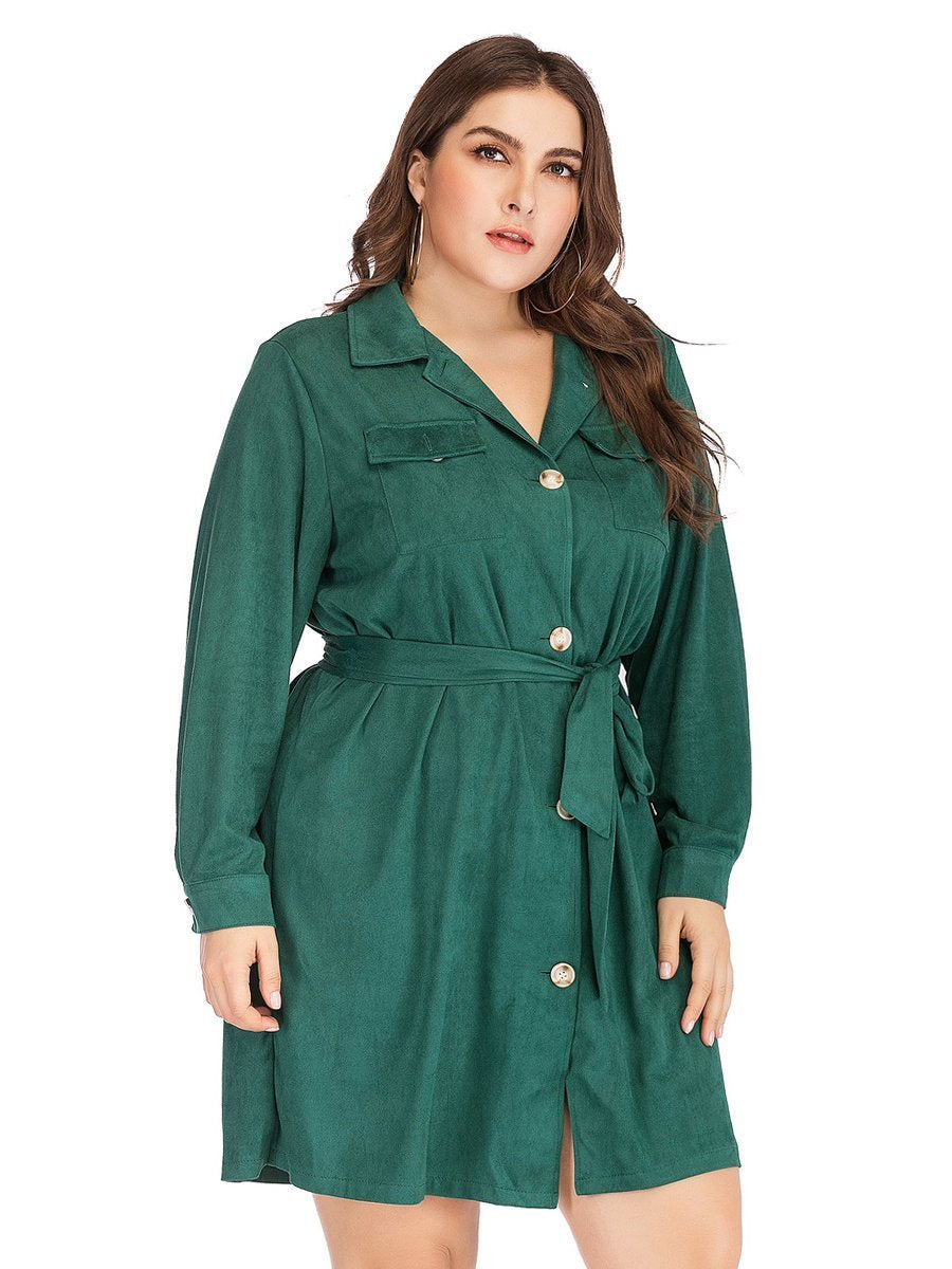Suede Belt Lapel Shirt Dress