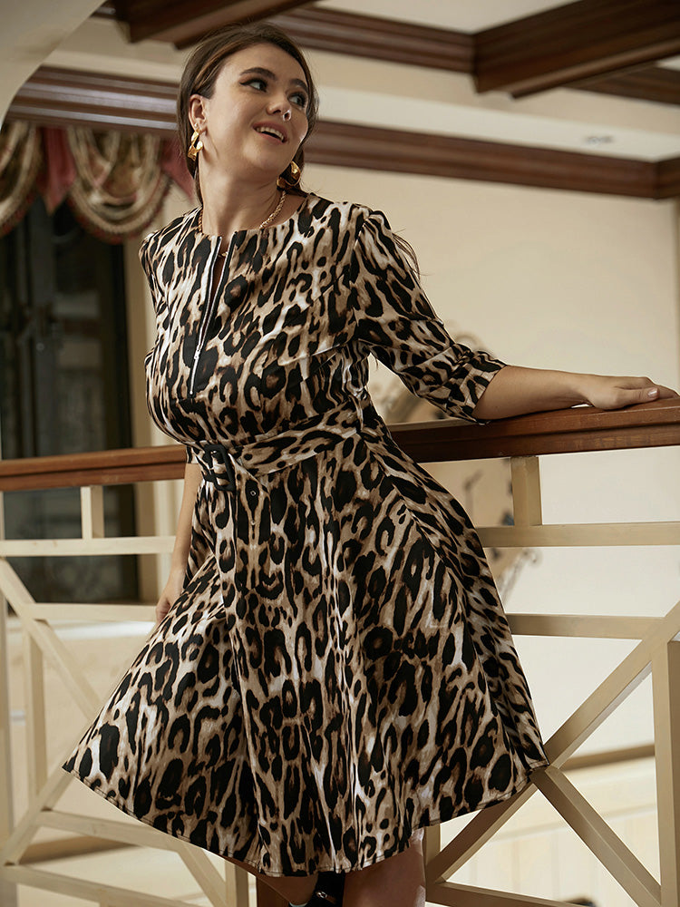 Leopard Half Zipper Belted Dress