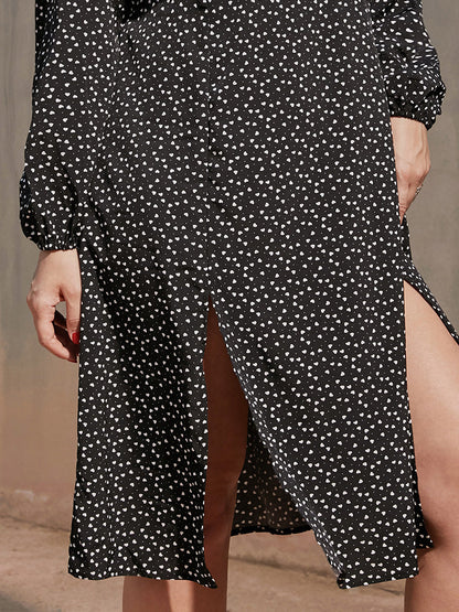 V Neck Polka Dot Split Hem Dress