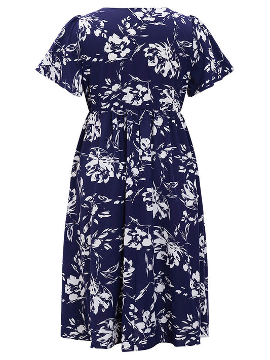 Floral Surplice Neck Pocket Gathered Ruffle Sleeve Split Dress
