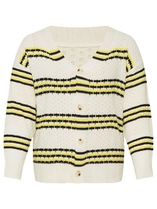 Striped Contrast Button Up Drop Shoulder Cardigan