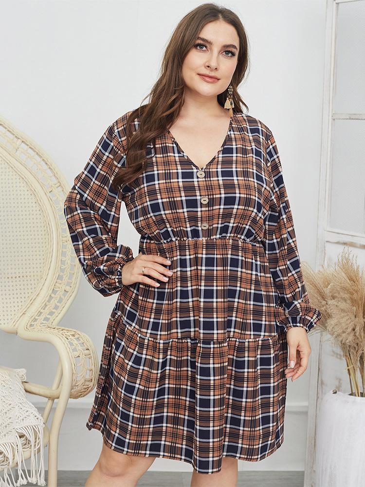 V-neck Plaid Button Dresses