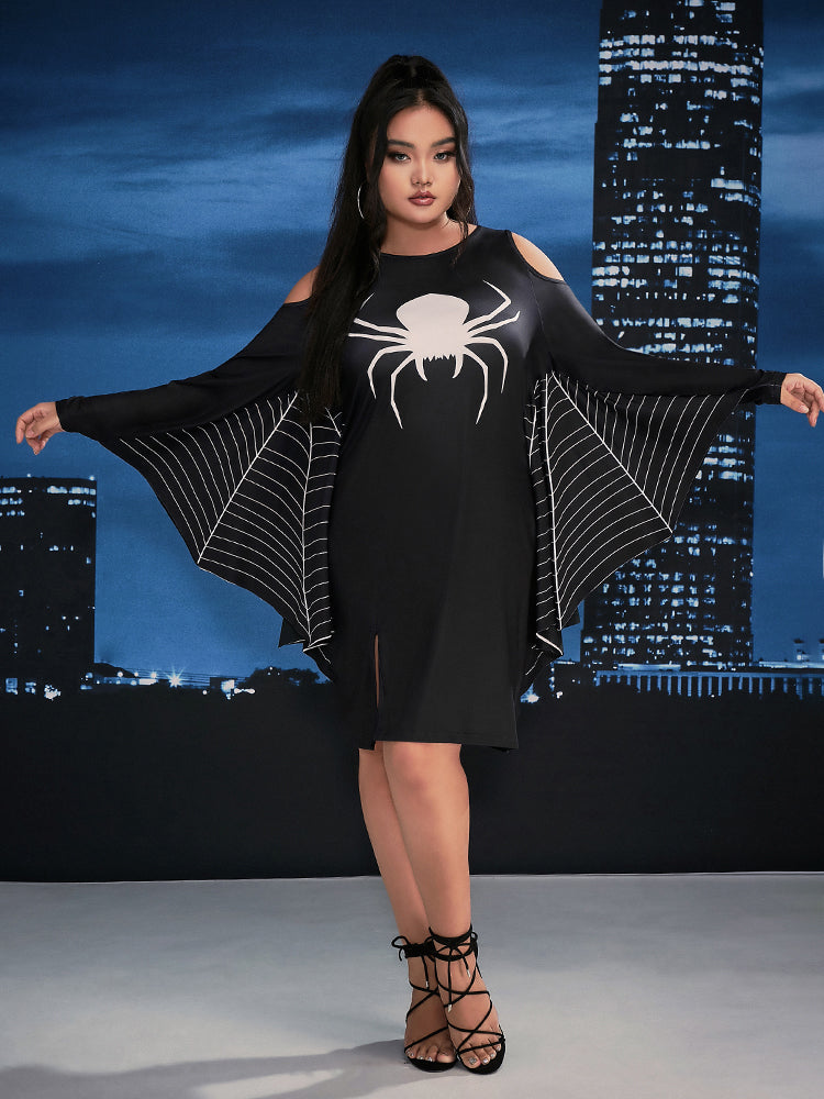 Halloween Spider Slit Cold Shoulder Dress