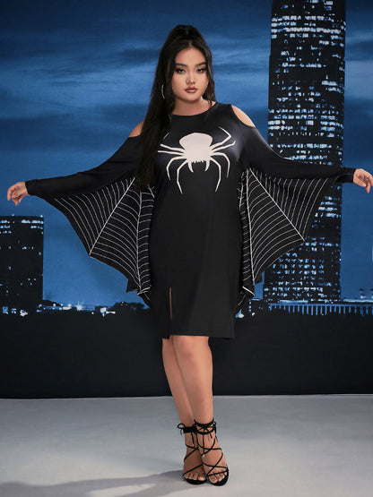 Halloween Spider Slit Cold Shoulder Dress