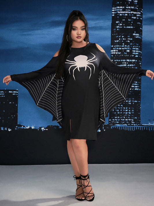 Halloween Spider Slit Cold Shoulder Dress