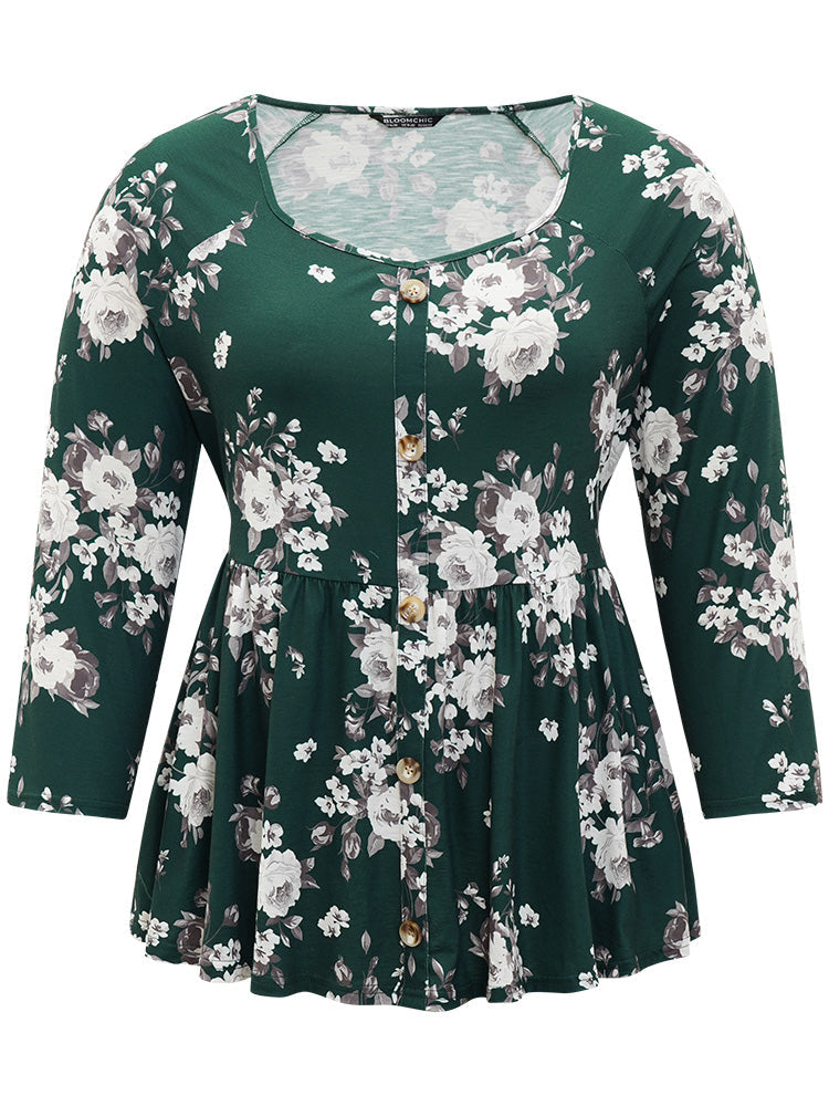 Floral Print Button Detail Square Neck Flutter Hem T-shirt