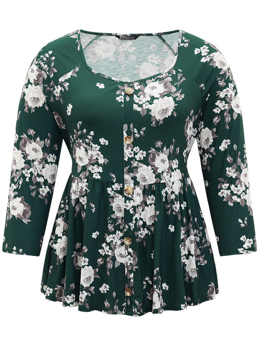 Floral Print Button Detail Square Neck Flutter Hem T-shirt