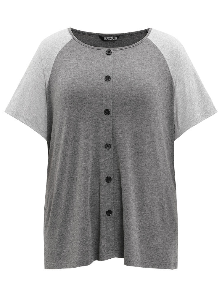 Colorblock Contrast Button Detail Raglan Sleeve Sleep Top