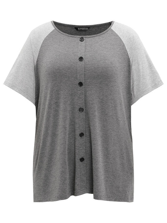 Colorblock Contrast Button Detail Raglan Sleeve Sleep Top