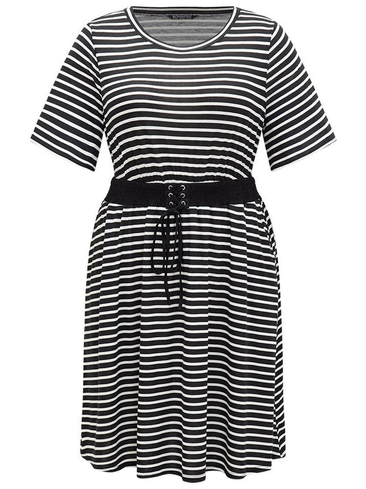 Halloween Striped Patchwork Pocket Round Neck Ties Dress