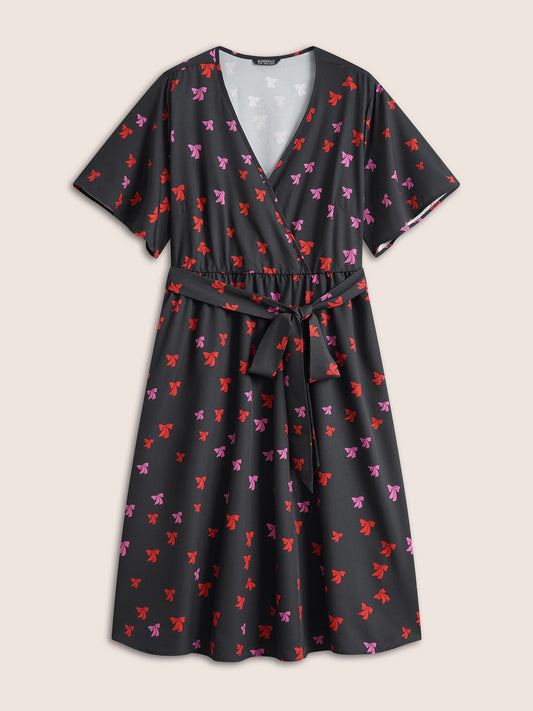 Bowknot Overlap Collar Pocket Belted Dress
