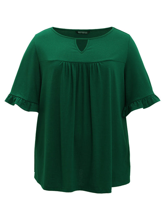 Plain Crew Neck Keyhole Gathered Bell Sleeve T-shirt