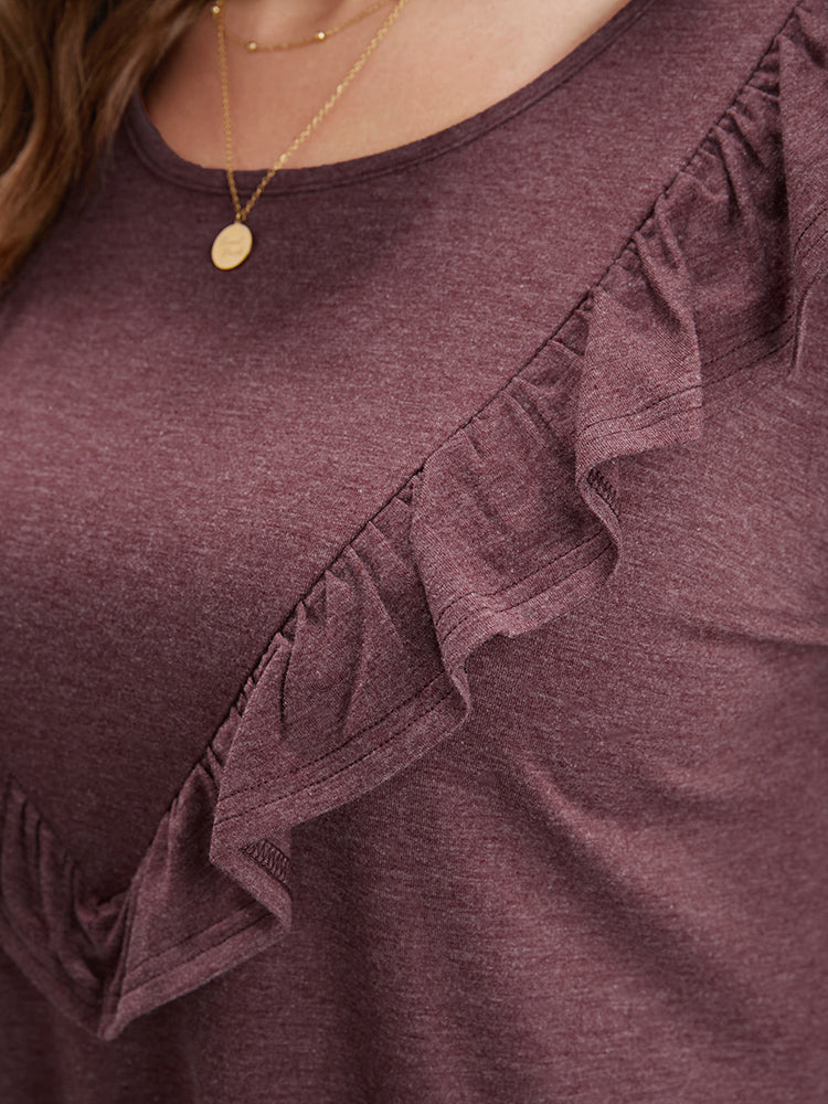Solid Round Neck Ruffle Trim Long Tee