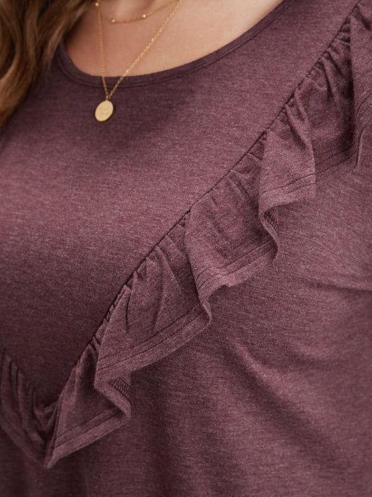 Solid Round Neck Ruffle Trim Long Tee