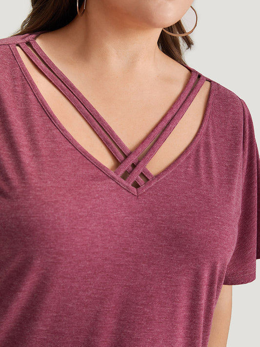 Plain Ruffle Sleeve Heather Crisscross Neck T-shirt