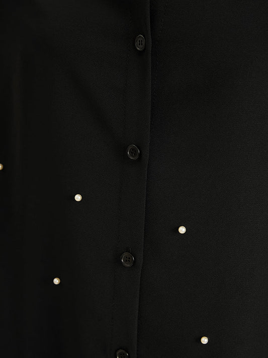 Solid Pearl Beaded Button Up High Low Hem Blouse