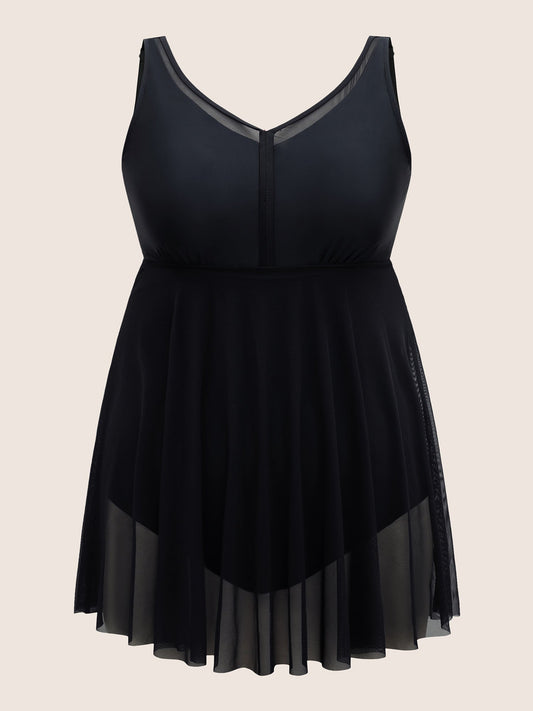 Solid Mesh Patchwork Adjustable Straps Swim Dress