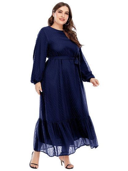 Dot Mesh Belt Round Neck Maxi Dress