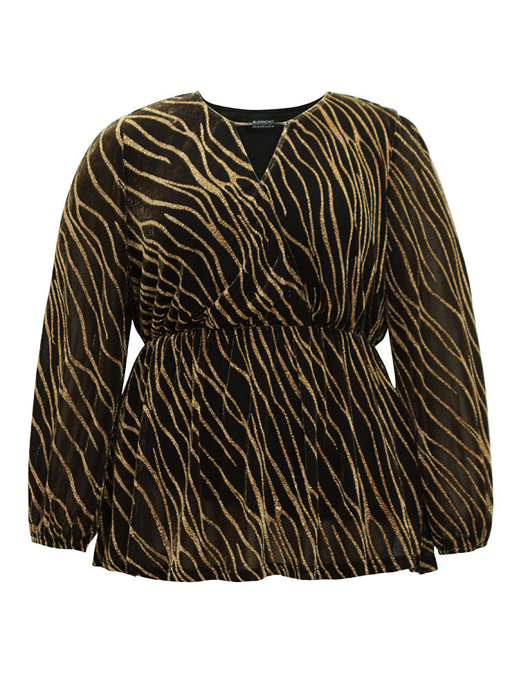 Glitter Striped Mesh Keyhole Lantern Sleeve Blouse