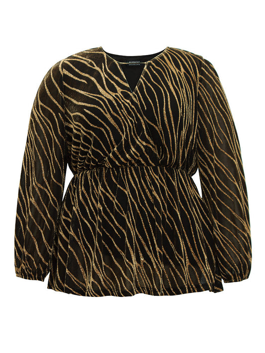 Glitter Striped Mesh Keyhole Lantern Sleeve Blouse